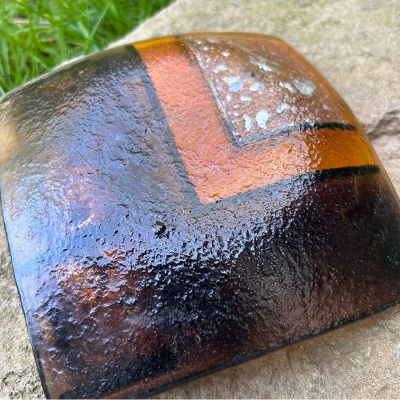 VINTAGE MCM 70s Glass 6" Square Ashtray Trinket Red Orange Silver Abstract Tray - Picture 3 of 11